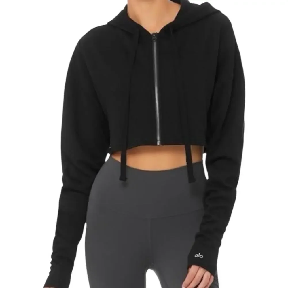 Alo Yoga Cropped Gym Zip-Up Hoodie Black Womens XS Thumbholes Long Sleeve Jacket